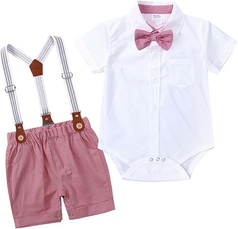 TAOJIAN Infant and Toddler Baby Boys Kids Short Sleeve Bowtie Buttons Bodysuit Shirts Suspender Shorts Casual Summer Clothes in Saudi Arabia
