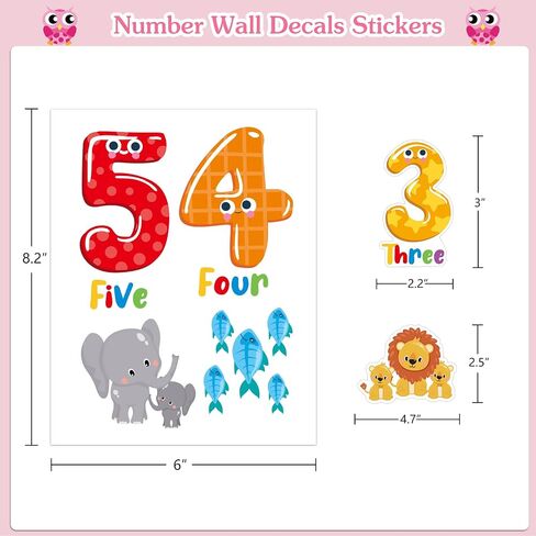 FLYAB Numbers Wall Stickers 5 Sheets Learning Educational Number Wall Decals Peel and Stick Animal Wall Decals Stickers for Kids Toddlers Classroom Playroom Daycare Nursery Bedroom Decorations in Saudi Arabia