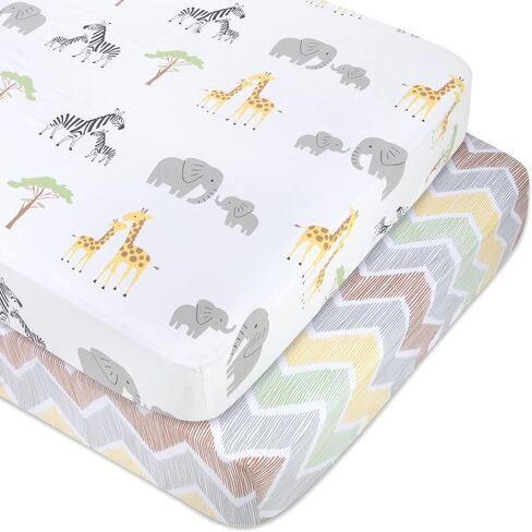 Standard Microfiber Fitted Crib Sheets for Baby Girl, Boy & Neutral, 2 Pack - 28x52 (Jungle & Chevron) in Saudi Arabia