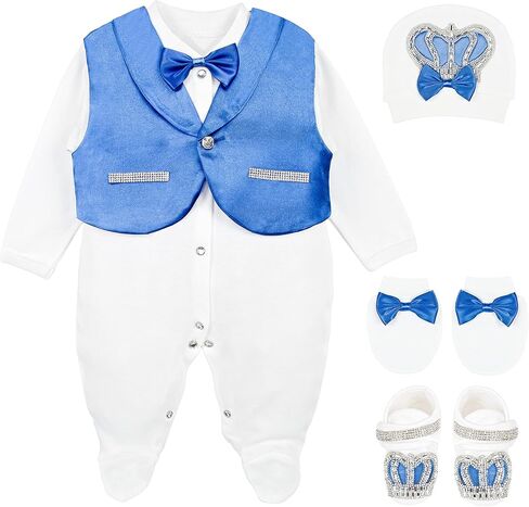 مجموعة هدايا من 5 قطع من Lilax Baby Boy Jewels Crown Tuxedo Outfit Layette لعمر 0-3 أشهر in Kuwait