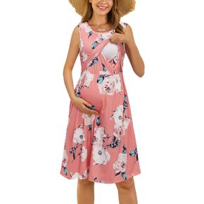 OUGES Womens Solid/Floral Maternity Dresses Sleeveless/Long Sleeve Nursing Gown Breastfeeding Clothes in Kuwait
