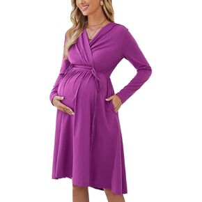 OUGES Womens Maternity Nursing Dress 2023 Long Sleeve V Neck Wrap Pregnancy Dresses with Pockets in Saudi Arabia