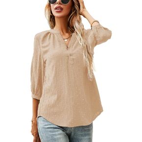 LOMON Women's Casual 3/4 Sleeve Henley V-Neck Button Up Pleated Back Blouses Swiss Dot Blouse Tops T-Shirts S-XXL
