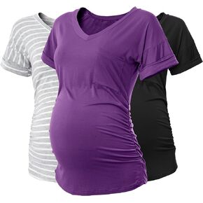 SUNNYBUY 3 Pack Womens Maternity Tops Side Ruched Maternity Shirts Pregnancy Clothes V Neck