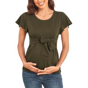 GoyRrbay Maternity Shirt Casual Ruffle Short Sleeve Top Round Neck Pregnancy Tops