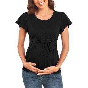 GoyRrbay Maternity Shirt Casual Ruffle Short Sleeve Top Round Neck Pregnancy Tops
