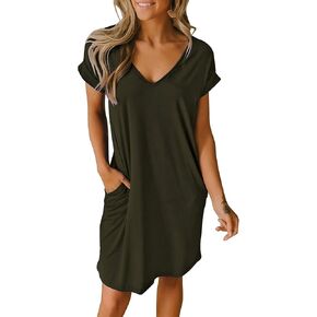 BTFBM Women V-Neck Short Sleeve Summer Dresses 2023 Spring Casual Loose T-Shirt Tunic Short Dress Pajamas with Pockets in Saudi Arabia