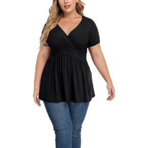 TIANZHU Women's Plus Size Dressy Tops Wrap Shirt Short Sleeve Tunic Top V Neck Low Cut Cute Blouse in Saudi Arabia