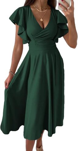Dokotoo Women's V Neck Elegant Party Dress Short Sleeve Skater Dress Wedding Guest Dresses in Saudi Arabia