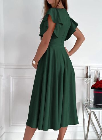 Dokotoo Women's V Neck Elegant Party Dress Short Sleeve Skater Dress Wedding Guest Dresses in Saudi Arabia