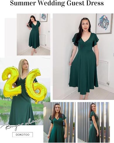 Dokotoo Women's V Neck Elegant Party Dress Short Sleeve Skater Dress Wedding Guest Dresses in Saudi Arabia