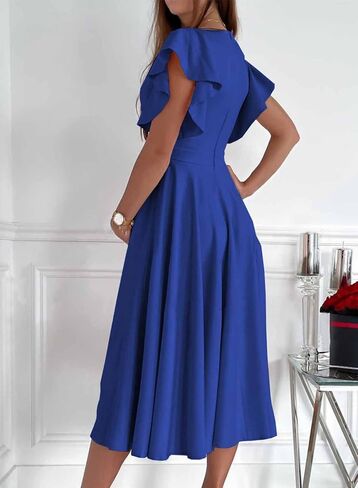 Dokotoo Women's V Neck Elegant Party Dress Short Sleeve Skater Dress Wedding Guest Dresses in Saudi Arabia