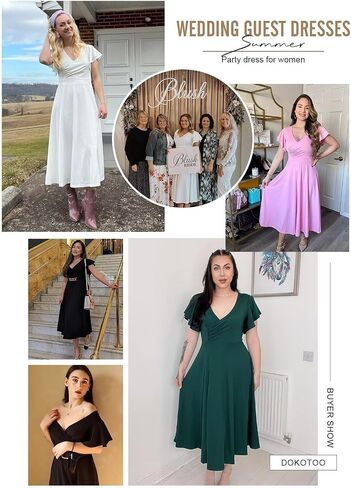 Dokotoo Women's V Neck Elegant Party Dress Short Sleeve Skater Dress Wedding Guest Dresses in Saudi Arabia