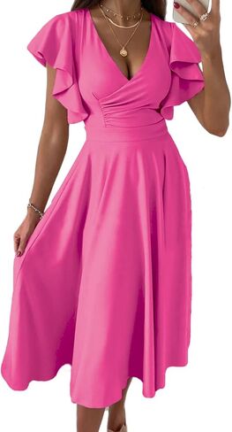 Dokotoo Women's V Neck Elegant Party Dress Short Sleeve Skater Dress Wedding Guest Dresses in Saudi Arabia