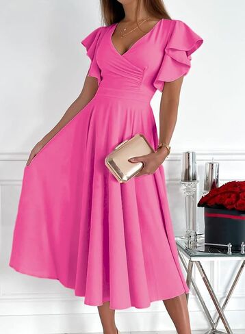 Dokotoo Women's V Neck Elegant Party Dress Short Sleeve Skater Dress Wedding Guest Dresses in Saudi Arabia