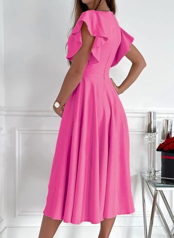 Dokotoo Women's V Neck Elegant Party Dress Short Sleeve Skater Dress Wedding Guest Dresses in Saudi Arabia