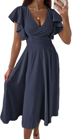 Dokotoo Women's V Neck Elegant Party Dress Short Sleeve Skater Dress Wedding Guest Dresses in Saudi Arabia