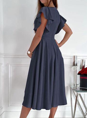 Dokotoo Women's V Neck Elegant Party Dress Short Sleeve Skater Dress Wedding Guest Dresses in Saudi Arabia