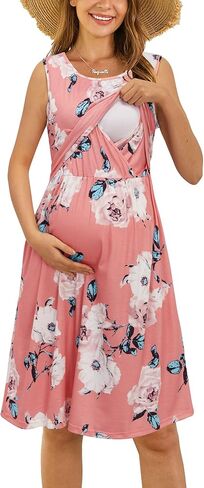 OUGES Womens Solid/Floral Maternity Dresses Sleeveless/Long Sleeve Nursing Gown Breastfeeding Clothes in Kuwait