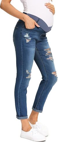 Foucome Women's Maternity Boyfriend Jeans Stretch Ripped Jeans with Pockets in Saudi Arabia