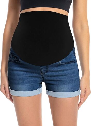 Foucome Maternity Jean Shorts Trendy Rolled Hem Denim Shorts | Over The Belly, Stretch Fabric, Casual Summer Pregnancy Shorts, with Pockets in Saudi Arabia