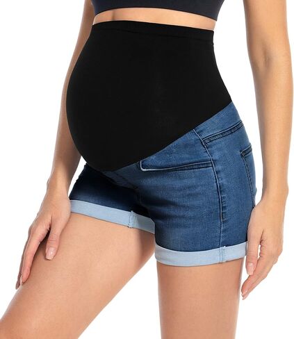 Foucome Maternity Jean Shorts Trendy Rolled Hem Denim Shorts | Over The Belly, Stretch Fabric, Casual Summer Pregnancy Shorts, with Pockets in Saudi Arabia