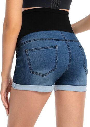 Foucome Maternity Jean Shorts Trendy Rolled Hem Denim Shorts | Over The Belly, Stretch Fabric, Casual Summer Pregnancy Shorts, with Pockets in Saudi Arabia