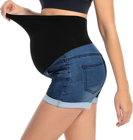 Foucome Maternity Jean Shorts Trendy Rolled Hem Denim Shorts | Over The Belly, Stretch Fabric, Casual Summer Pregnancy Shorts, with Pockets in Saudi Arabia