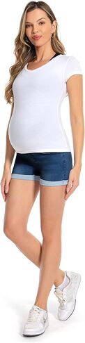 Foucome Maternity Jean Shorts Trendy Rolled Hem Denim Shorts | Over The Belly, Stretch Fabric, Casual Summer Pregnancy Shorts, with Pockets in Saudi Arabia