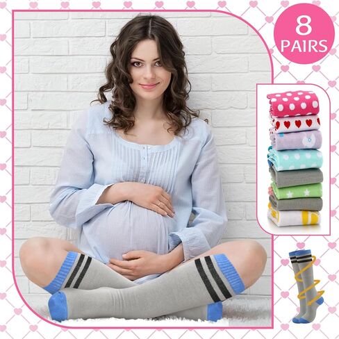 هولينغ 8 ازواج من جوارب ضغط الحمل 20-30 ملم زئبقي جوارب ضغط مخططة لدعم الأمومة، جوارب ضغط ملونة مبتكرة للنساء أثناء الحمل والسفر in Kuwait