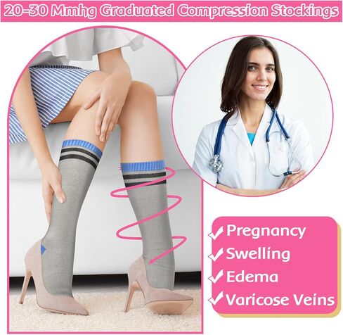هولينغ 8 ازواج من جوارب ضغط الحمل 20-30 ملم زئبقي جوارب ضغط مخططة لدعم الأمومة، جوارب ضغط ملونة مبتكرة للنساء أثناء الحمل والسفر in Kuwait