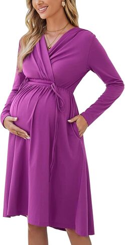 OUGES Womens Maternity Nursing Dress 2023 Long Sleeve V Neck Wrap Pregnancy Dresses with Pockets in Saudi Arabia