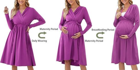OUGES Womens Maternity Nursing Dress 2023 Long Sleeve V Neck Wrap Pregnancy Dresses with Pockets in Saudi Arabia