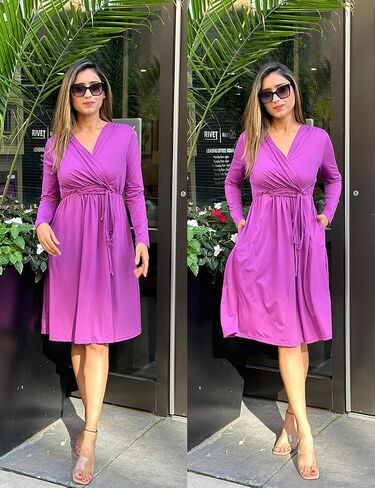 OUGES Womens Maternity Nursing Dress 2023 Long Sleeve V Neck Wrap Pregnancy Dresses with Pockets in Saudi Arabia