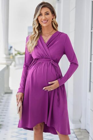 OUGES Womens Maternity Nursing Dress 2023 Long Sleeve V Neck Wrap Pregnancy Dresses with Pockets in Saudi Arabia