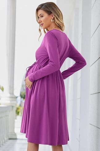 OUGES Womens Maternity Nursing Dress 2023 Long Sleeve V Neck Wrap Pregnancy Dresses with Pockets in Saudi Arabia