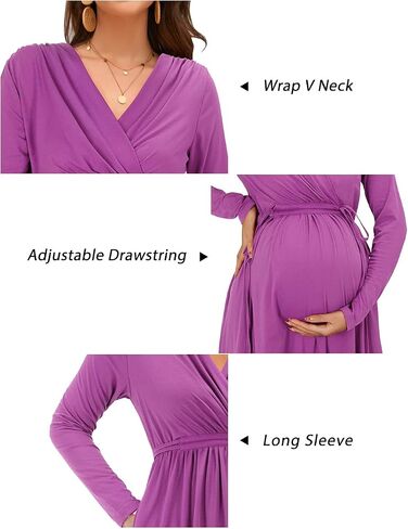 OUGES Womens Maternity Nursing Dress 2023 Long Sleeve V Neck Wrap Pregnancy Dresses with Pockets in Saudi Arabia