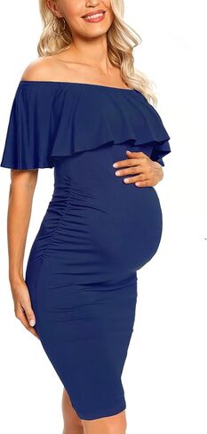 AONESX Ruffle Off Shoulder Fitted Maternity Dress, Ruched Side Bodycon Formal Pregnancy Dress for Baby Shower/Photography in Saudi Arabia