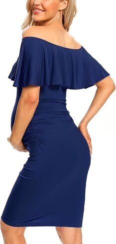 AONESX Ruffle Off Shoulder Fitted Maternity Dress, Ruched Side Bodycon Formal Pregnancy Dress for Baby Shower/Photography in Saudi Arabia