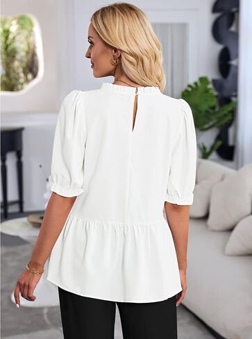 LookbookStore 2023 بلوزات للنساء متأنق ملابس علوية بيبلوم عادية كم منتفخ كشكش الرقبة وهمية فستان قميص صيفي متدفق in Kuwait