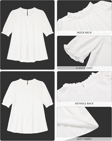 LookbookStore 2023 بلوزات للنساء متأنق ملابس علوية بيبلوم عادية كم منتفخ كشكش الرقبة وهمية فستان قميص صيفي متدفق in Kuwait