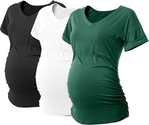 SUNNYBUY 3 Pack Womens Maternity Tops Side Ruched Maternity Shirts Pregnancy Clothes V Neck in Kuwait