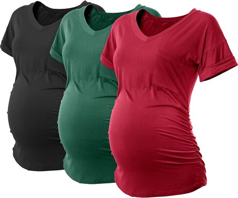 SUNNYBUY 3 Pack Womens Maternity Tops Side Ruched Maternity Shirts Pregnancy Clothes V Neck in Kuwait