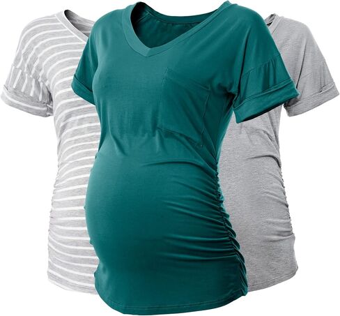 SUNNYBUY 3 Pack Womens Maternity Tops Side Ruched Maternity Shirts Pregnancy Clothes V Neck in Kuwait