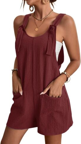 Ferrtye Womens Adjustable Tie Knot Overalls Shorts Sleeveless Loose Casual Rompers Jumpsuits Shortalls with Pockets in Saudi Arabia