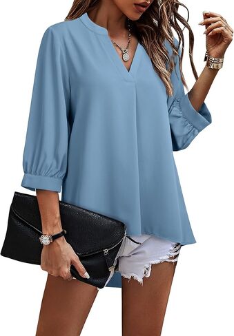 بلوزات Gaharu النسائية للأعمال 3/4 كم قميص عمل برقبة على شكل حرف V توب تونيك للمكتب in Kuwait