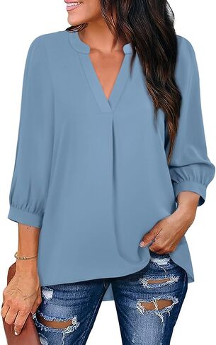 بلوزات Gaharu النسائية للأعمال 3/4 كم قميص عمل برقبة على شكل حرف V توب تونيك للمكتب in Kuwait