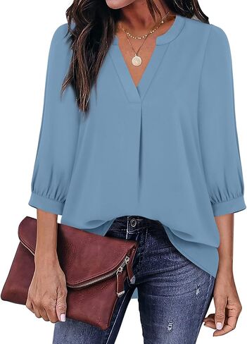 بلوزات Gaharu النسائية للأعمال 3/4 كم قميص عمل برقبة على شكل حرف V توب تونيك للمكتب in Kuwait