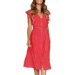 MITILLY Women's Boho Polka Dot Flutter Short Sleeve V Neck Button Down Swing Midi Dress with Pockets in Saudi Arabia