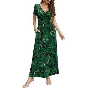 CATHY Women Short Sleeve Deep V-Neck Casual Long Dress Pleated Waist Maxi Dresses with Pockets in Saudi Arabia